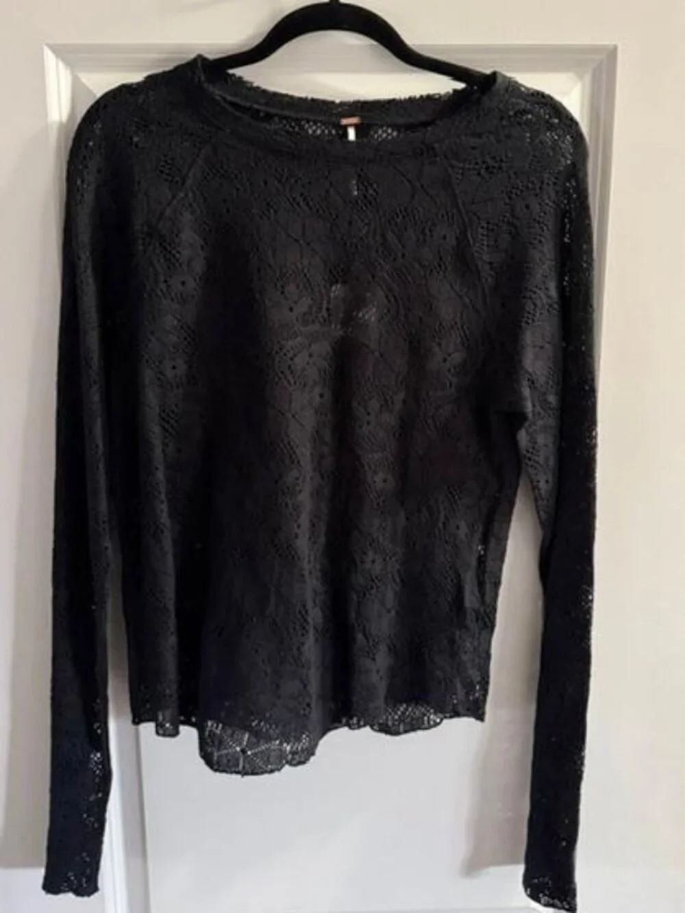 Women's Free People Black Open Knit Lace Long Sleeve Top | Size Large